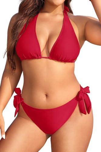 Women Plus Size Bikini Set Two Piece Sexy Swimsuit Tie Side Halter Bathing Suits, Red, 18W