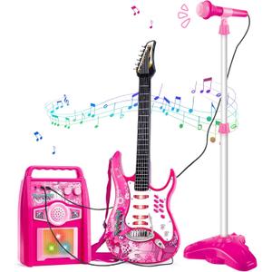 deAO Musical Guitar Play Set,Adjustable Height Microphone,Amplifier Set with Stand,Music Light Karaoke Music Toys Birthday for Kids Boys Girls (Red)