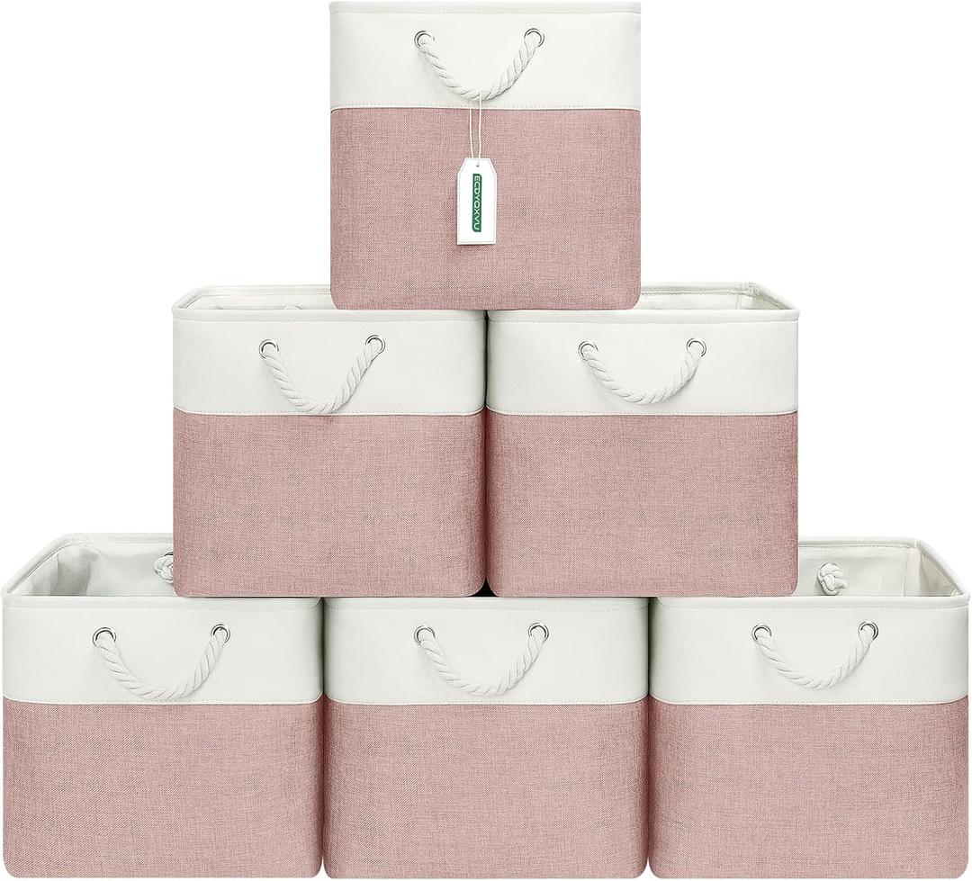 ECDYQXVU 13x13 Inch Cube Storage Bins with Reinforced Bottom Cardboard, 6 Pack Large Foldable Fabric Storage Cubes with Handles for Shelf, Closet, Laundry Organization (White&Pink)
