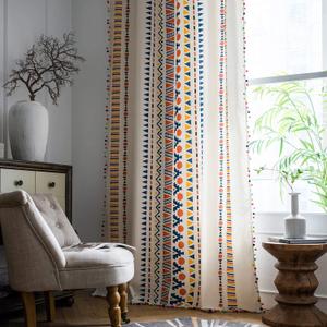 VOGOL Geo Diamond Curtains for Living Room, Rod Pocket Bohemian Cotton Linen Window Drapes with Colorful Pompom Tassels for Bedroom Decoration, 59 x 94 Inches, 1 Panel
