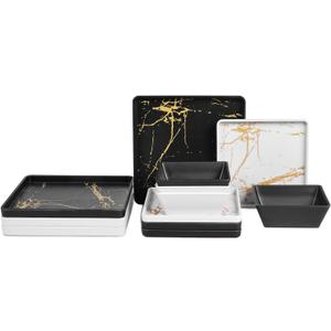 Square Melamine Dinnerware Sets of 12 Pcs,Square Plates and Bowls Sets,Unbreakable Dish Set for 4,Lightweight, Dishwasher Safe and BPA Free,Suit for RV,Camping Black and White
