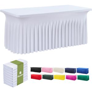 leegleri 8 Pack White Spandex Table Cloths for 6 Foot Rectangle Tables, Wrinkle Free Fitted Table Covers 6ft Stretch Tablecloths with Desk Skirt for Banquet Weddings Parties