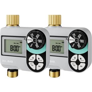 QUOBAS Brass Sprinkler Timer 2 Pack, Programmable Water Hose Timer for Garden Hose Faucet with Waterproof HD Screen, Rain Delay/Manual/Automatic Irrigation Watering System for Garden, Lawn, Yard