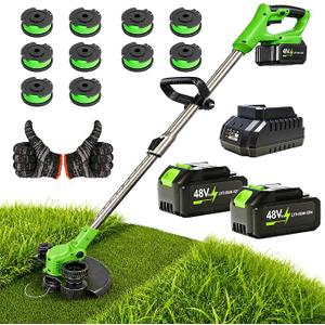 2026 New 48V 3 in 1 Cordless String Trimmer with Auto Spool Feed, 12’’ Electric Weed Wacker Cordless, 2x4.0AH Electric Weed Eater Battery Powered with 10 Replacement Spools (1 Set, Green)