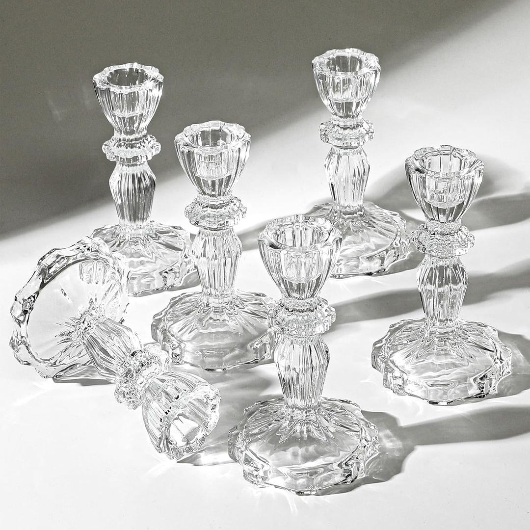 4.33" Tall Glass Candlestick Set of 6 Clear Crystal Candle Holders for Glass Taper Holder Decor for Wedding Birthday Party Christmas