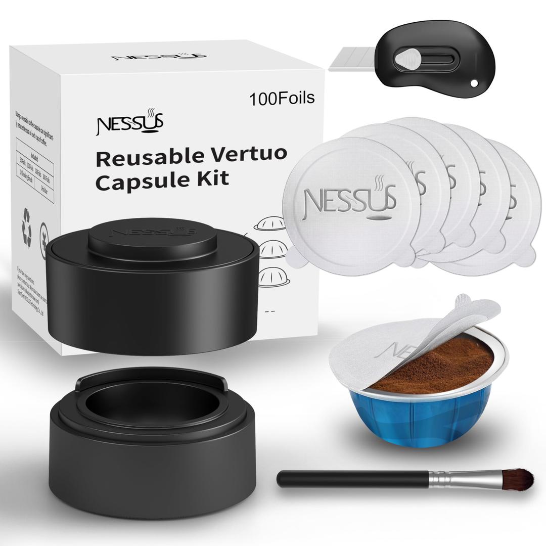 Reusable Vertuo Pods Kit for Nespresso, Reusable Vertuo Capsule for Nespresso with 100PC AL Foil Seals Lids, Refillable Coffee Pods for VertuoLine Compatible with VertuoPlus Espresso Machine