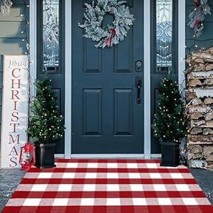 Christmas Door Mat Outdoor 35.4''x59'' Buffalo Plaid Christmas Decor Rug Cotton Hand-Woven Layered Door Mats Washable Carpet for Front Porch, Kitchen, Farmhouse, Entryway