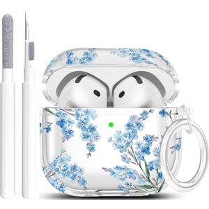Case for AirPods 4 - Wonjury Clear Case Cover Floral Print Skin Women Girls Keychain Cleaner Tool for Apple Airpods 4th 2024 - Flower Blue