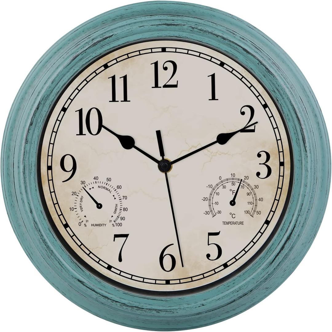 12 Inch Indoor Outdoor Retro Waterproof Wall Clock with Thermometer and Hygrometer, Battery Operated Quartz Round Wall Clock Silent Non Ticking Home Decor,Green, Large