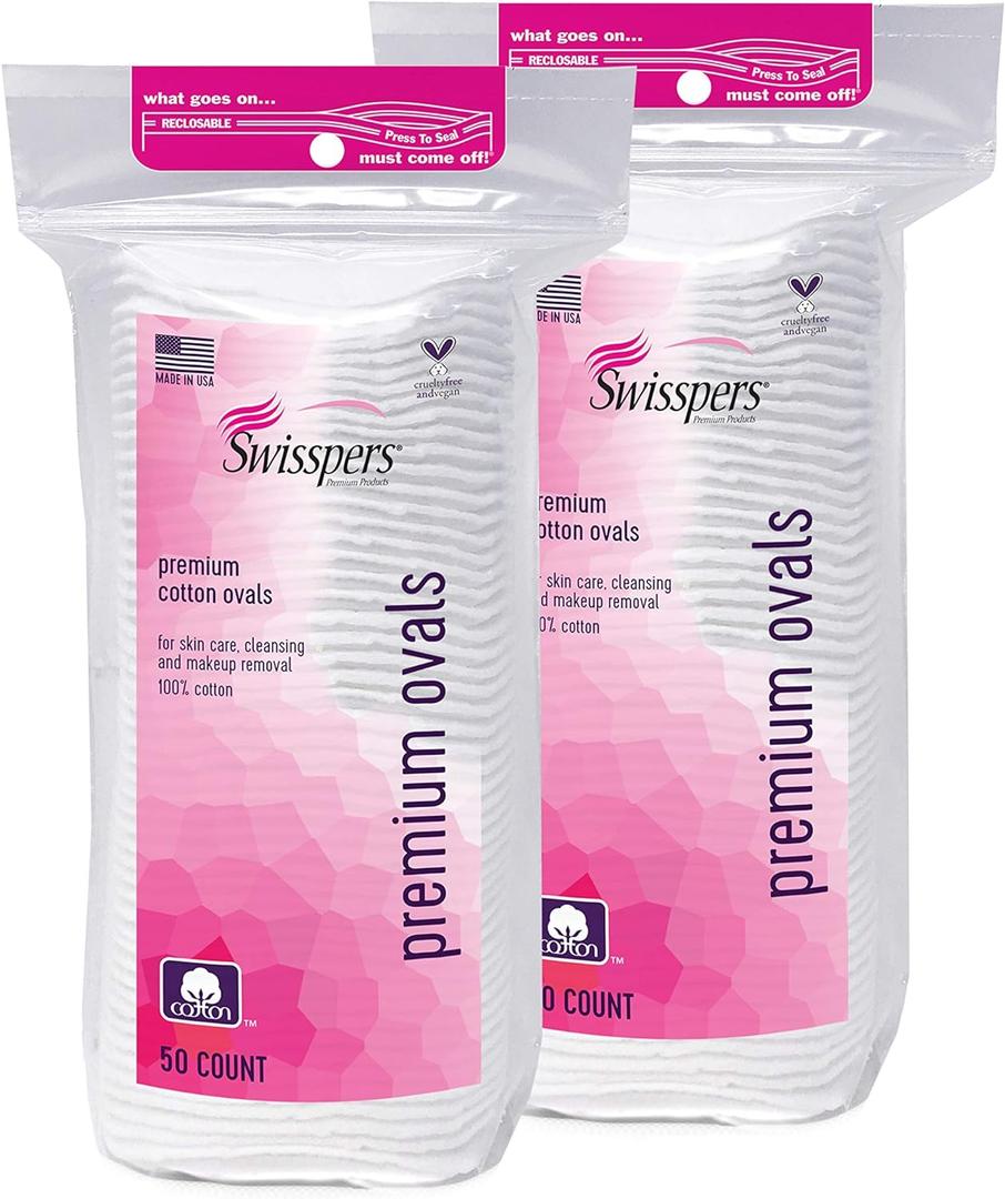 Swisspers Premium 100 Percent Cotton Ovals, Reclosable Bags, 50 Count Bags, 2 Pack (100 Count Total)