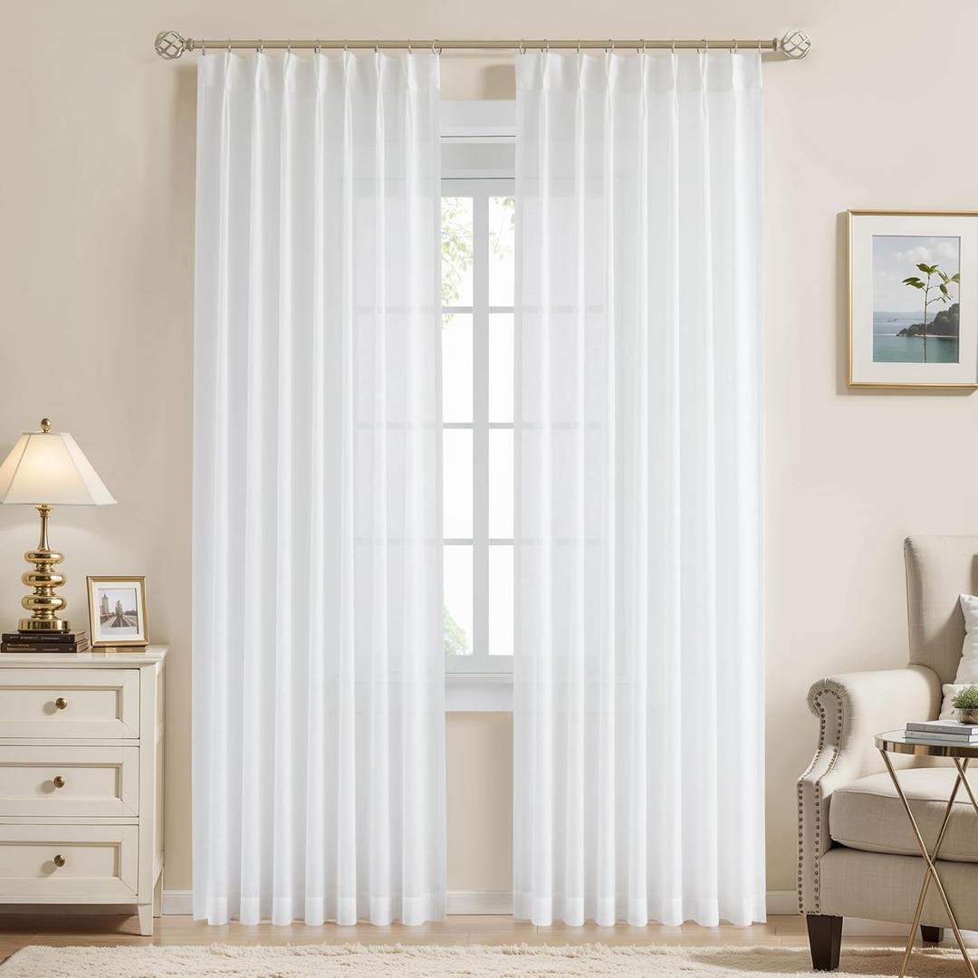 WEST LAKE White Pinch Pleat Curtain Panels 90 Inches Length,Farmhouse Sheer Airy Drapes for Living Room Bedroom,Lightweight Linen Textured Window Treatment Set,Back Tab Hooks,40" Wx90 Lx2