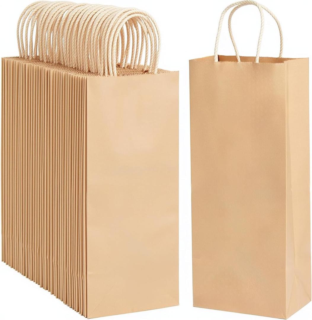 excvalues Kraft Paper Wine Bags 5.6"x3.4"x13" 100Pcs Recyclable Bulk Brown Wine Bag Gift Tote Bottle Bag Retail Tumbler Bag With Handles for Business Gift Wrap Party Christmas Thanksgiving(Brown)