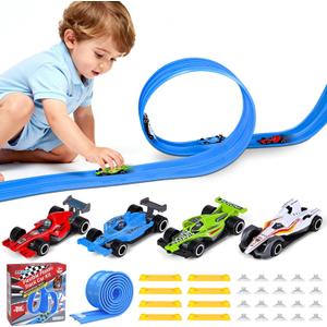 Plastic Flexible Race Car Track for Kids Toy with 20 Suction Cups & 8 Yellow Gasket Compatible with 4 Alloy Diecast 1:64 Cars Toys,13FT Rolls Up Portable Flex Track Racetrack Toy for 3 Up Years Old