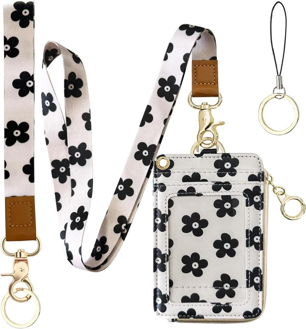 2-in-1 ID Badge Holder & Lanyard Wallet for Womens Cute Black Flower Leather Zip ID Case Wallet with Breakaway Wrist & Neck Lanyard, Clear Window, 5 Card Slots, Ring Keychain for Worker Teacher Nurse (Black Floral)