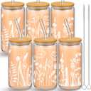Bokon 6 Pcs Floral Iced Coffee Cups with Bamboo Lids and Straws 16 oz Mother's Day Gift Wildflower Glass Cup for Women Flower Drinking Glass Bottle with Cleaning Brush Birthday Bridesmaid Party Gift