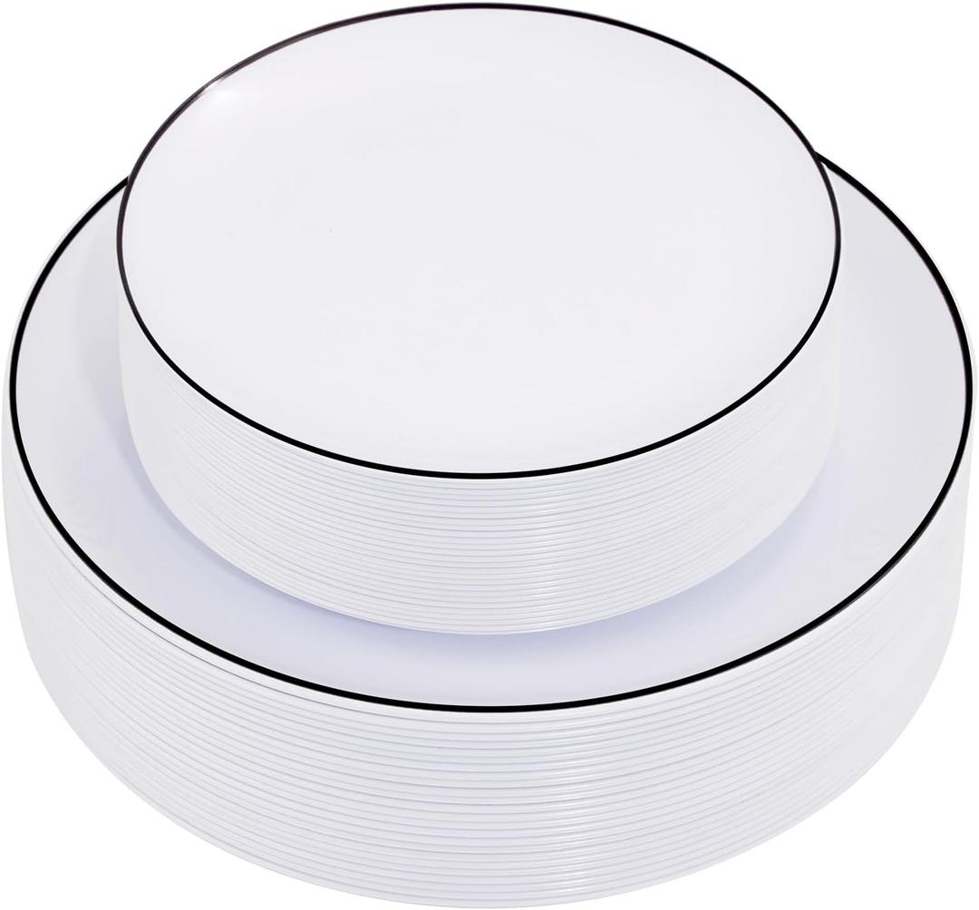 EI 100pcs White and Black Disposable Plates for Party,White Plastic Dinner Plates with Black Rim Disposable,Plastic Dessert Plate for Wedding,Family Party,Afternoon Tea Business New Year