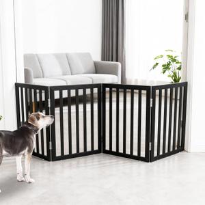 ZJSF Freestanding Indoor Dog Gate for House Foldable Wood Puppy Gate for Doorways Pet Gate for Stairs Extra Wide Pet Fence, Grey, 24" Height 4 Panels, Black