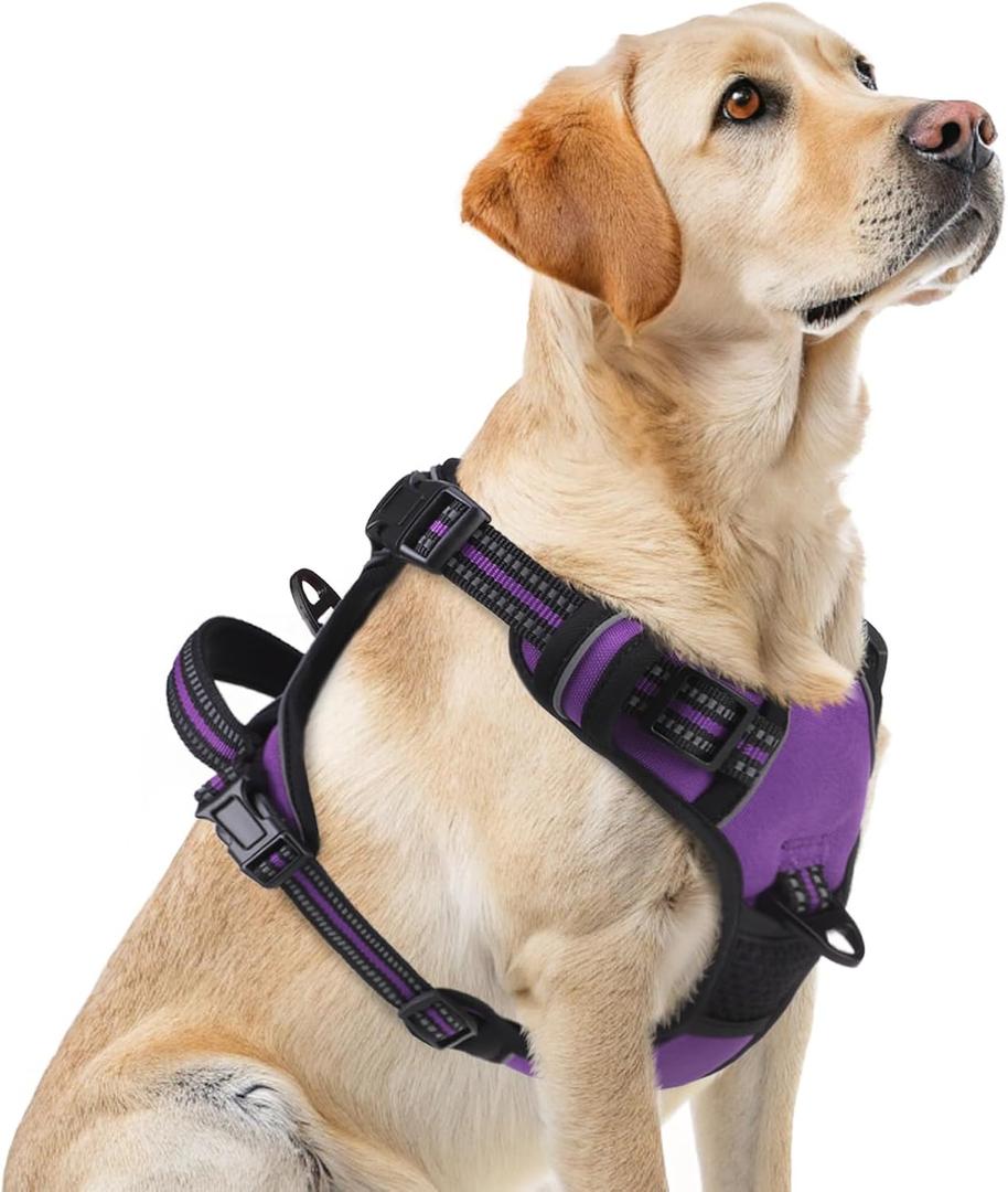 PUPTECK No Pull Dog Harness for Large, Adjustable Reflective Dog Harness with Handle Easy Control, Comfortable Soft Padded Pet Vest Harness for Dogs, Solid Purple L
