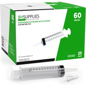 BH Supplies 60mL Syringe Catheter Tip Sterile with Caps - (No Needle) - Sterile, Individually Wrapped - 25 Syringes
