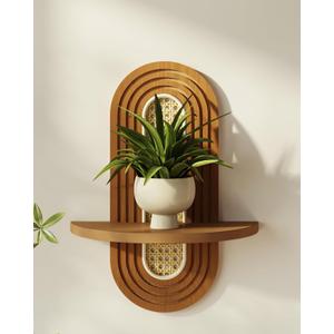 Bamworld Boho Wall Decor Brown Plant Wall Shelf, Mid Century Modern Decor Hanging Plant Shelf, 1-Tier Bamboo Floating Shelves for Home, Bathroom Bedroom Living Room, Office Holding Planter Decoration