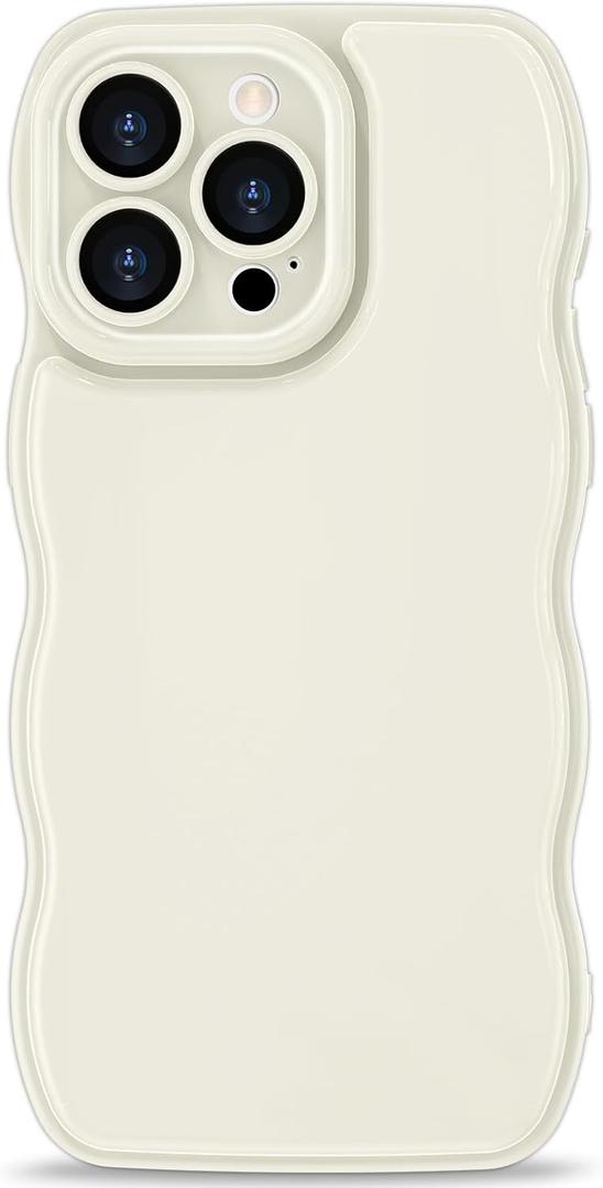 Anuck for iPhone 15 Pro Case Wave, Curly Frame Design for Women Girls, Cute Wavy Solid Color Aesthetic Phone Case Soft Flexible TPU Shockproof Full-Body Protective Cover 6.1" - Beige White