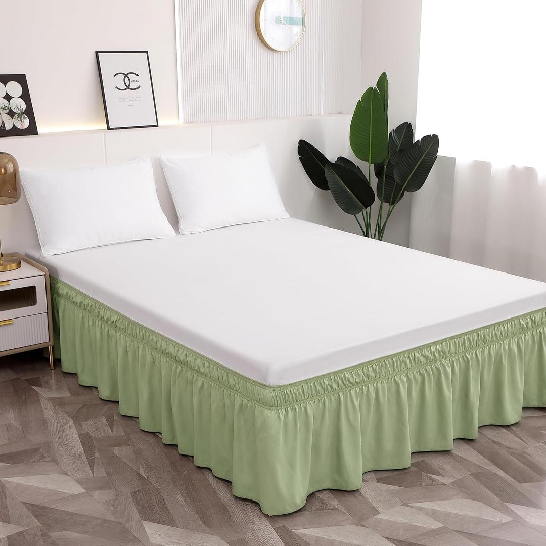 Toodou Easy to Install Wrap Around Bed Skirt Three Fabric Sides Elastic Dust Ruffled 16 Inch Tailored Drop, Fade Resistant-Sage Green, Twin/Twin XL