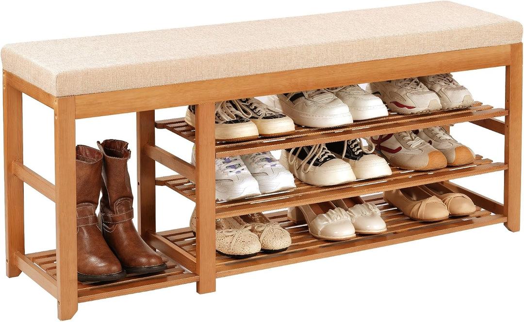 PETKABOO 47.2 in Shoe Rack Bench with Cushion, 3 Tier Bamboo Entryway Bench with Storage for Entryway, Hallway, Bedroom, Living Room