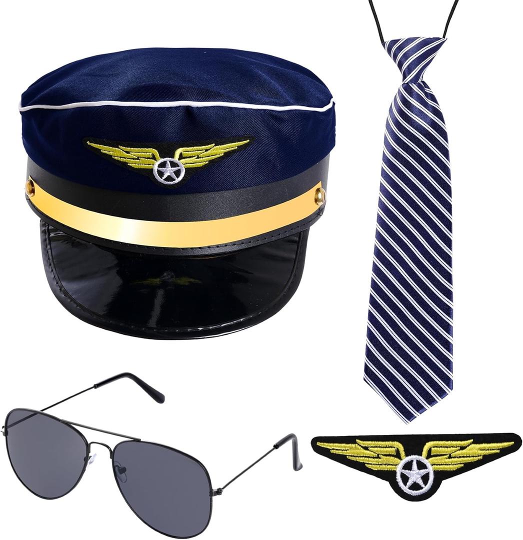 HOVEOX Pilot Costume Accessories Airline Pilot Captain Costume Airline Pilot Captain Hat Pilot Costume for Men Halloween Party Cosplay Blue