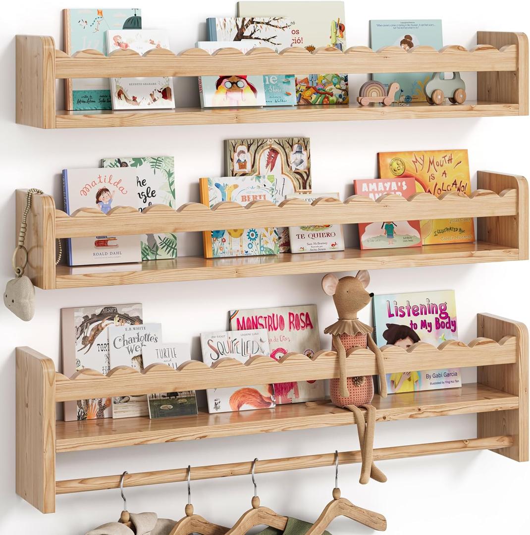 Nursery Book Shelves, Scalloped Shelves, Floating Book Shelves for Wall, Nursery Deocr for Baby, Toddler(Wood, 23 Inches)