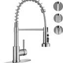 Kitchen Faucets with Pull Down Sprayer, Brushed Nickel Stainless Steel Single Handle Pull Out Spring Sink Faucet, 3 Function Sprayer 1 or 3 Hole Deck Plate for Farmhouse Laundry Rv Bar
