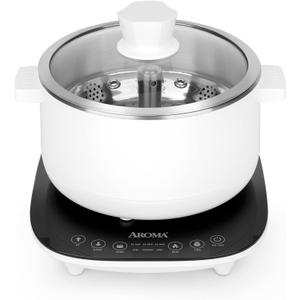 Aroma Housewares 2.5-Liter Smart Electric Hot Pot & Rapid Boil Steamer with Automatic Stainless Steel Steamer Basket Lift, White, ASP-700