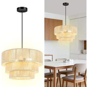BoostArea Boho Rattan Chandelier Light,3-Tier Hand Woven Ceiling Pendant Light Fixture,16.5Large Farmhouse Chandelier Hanging Light for Living Room,Kitchen Island,Bedroom,Adjustable Cord,Beige