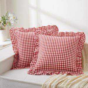 KKJIAF Ruffle Gingham Pillow Covers 20 x 20 Inches, Cotton Plaid Throw Pillow Shams Set of 2, Linen Feel Ruffled Plaid Pillow Cases with Envelope Closure for Sofa Bed (Red)