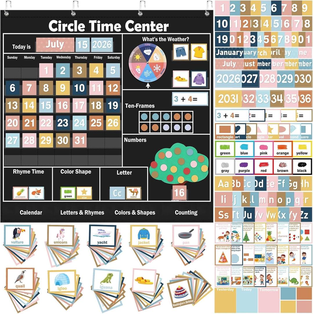 Pasimy 284 Pcs Circle Time Learning Center Classroom Pocket Chart Boho Circle Time Calendar Learning Math Calendar Weather Color Shape for Home Classroom Decoration Back to School Supplies