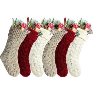 Christmas Stockings, 20 Inch Burgundy, Ivory, Khaki Cable Knit Stockings Christmas Holiday Decoration, 6 Pack