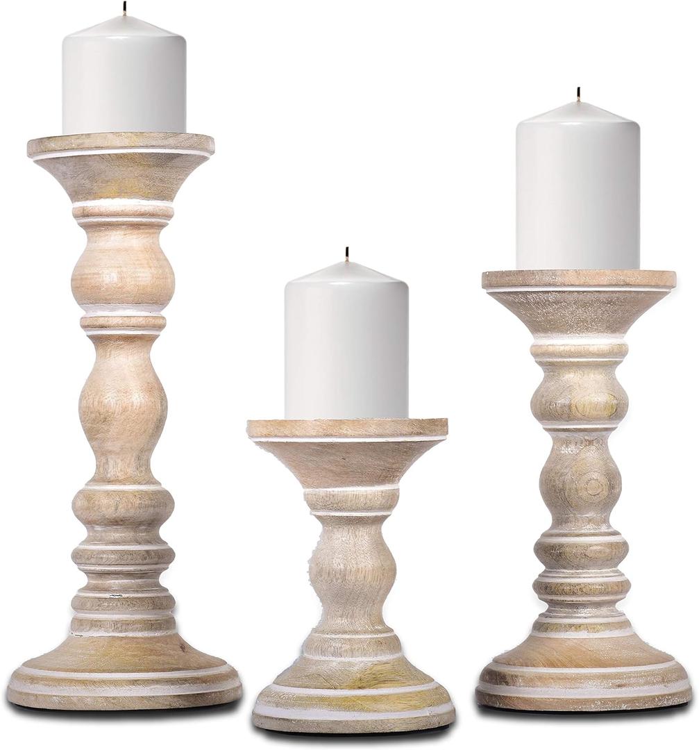 Mela Artisans Whitewash Wood Candle Holders for Pillar Candles Set of 3 | Willow Decor Style for Mantles | White Mango Wood Farmhouse Candle Holders | Rustic Wooden Candleholder | Sized 6", 9" and 12"