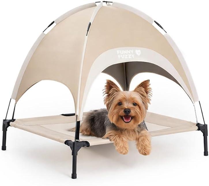 FUNNY FUZZY Elevated Dog Bed with Canopy, Small (24"x18"x7") Outdoor Raised Dog Cot with Shade, Cooling Breathable Mesh Pet Bed, Portable Waterproof Dog Camping Bed for Dogs,Khaki