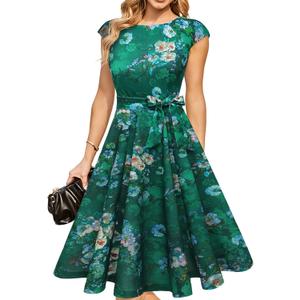 DRESSTELLS Cocktail Womens Floral Dresses for Wedding Guest Semi Formal Spring Summer Easter Modest Church Tea Party Retro Dress Print Green Flower L