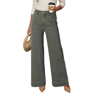 Dokotoo Women's Casual High Waisted Jeans for Women Baggy Wide Leg Loose Stretch Denim Pants Four Leaf Clover Size 10