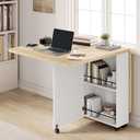 GarveeHome Space Saving Folding Dining Table with Storage - Kitchen Table with 6 Wheels, Drawer & Shelves, Compact Dining Table for Small Spaces, White, 31.5 x 51.18 x 28.74 inches