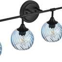 MELUCEE Bathroom Light Fixtures Black Vanity Light with Blue Striped Swirl Glass Shade, 4 Light Modern Wall Light Fixtures for Mirror Kitchen Living Room Bedroom Hallway
