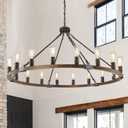 Farmhouse Wagon Wheel Chandelier 47" Black Rustic Light Fixtures 18-Light Wood Round Chandelier for Foyer Living Room Entryway Dining Room (Walut)