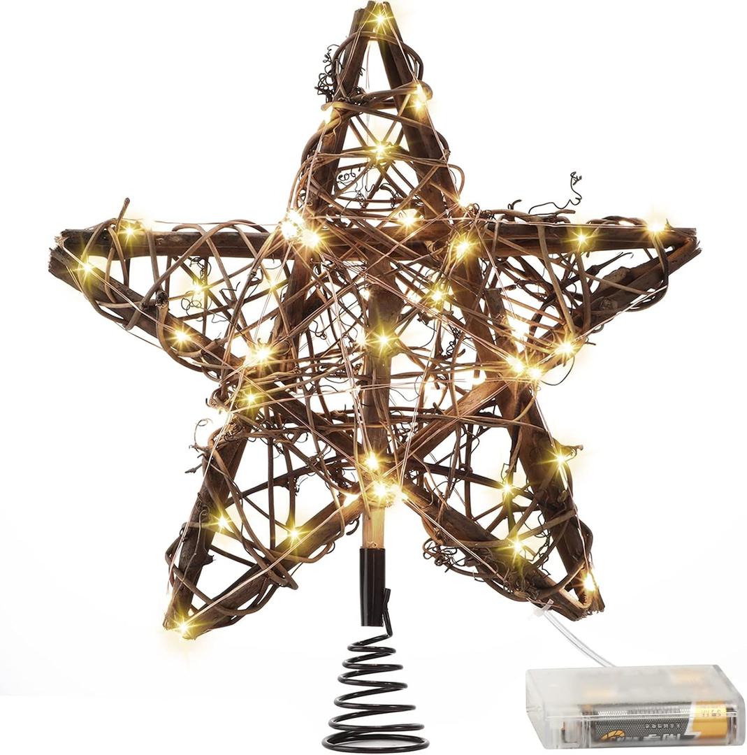 Christmas Star Tree Toppers Rattan Natural Xmas Tree Topper Lighted with 10 Inch 50led Warm White Lights, Rustic Star Treetop for Christmas Ornament Indoor Party Decoration