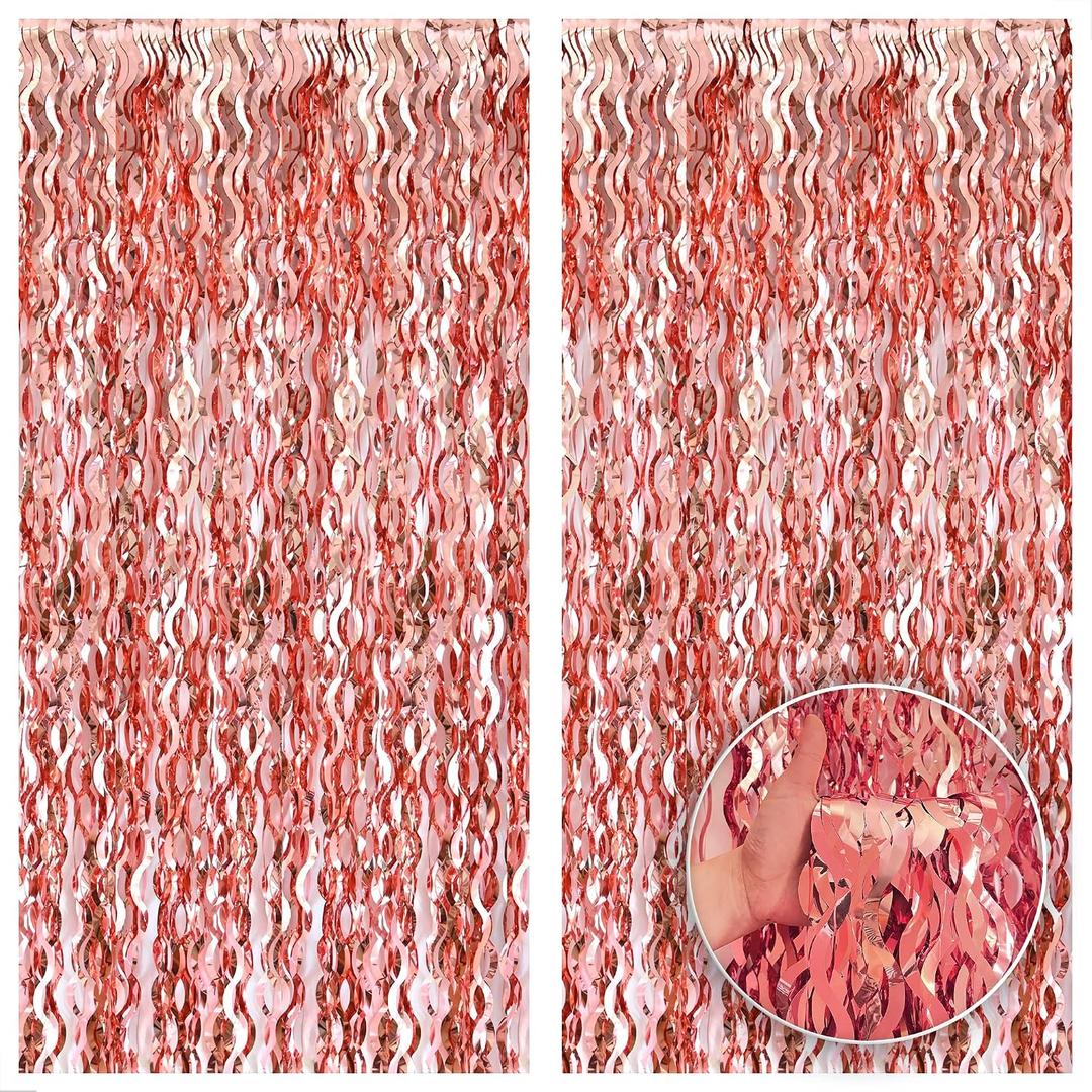 KatchOn XtraLarge Wavy Rose Gold Fringe Backdrop - 3.2x6.5 Feet Pack of 2 | Wine Bachelorette Party Decorations | Birthday Decorations for Women