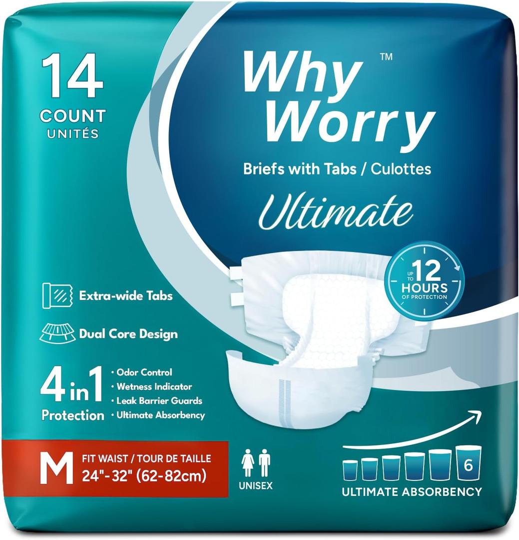 WhyWorry Ultimate Adult Diapers for Men and Women, Disposable Adult Briefs with Tabs for Incontinence, Unisex Incontinence Briefs with Tabs, Ultimate Absorbency, Odor Control, Medium, 14 Count