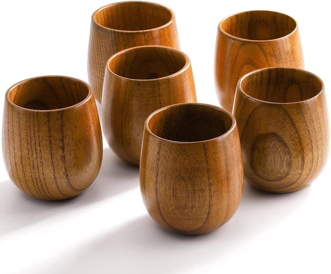 Hiceeden 6 Pack Wooden Tea Cups, 5 Oz Japanese Tea Cups Handmade Natural Wood Water Cup for Drinking, Milk, Coffee, 150ML