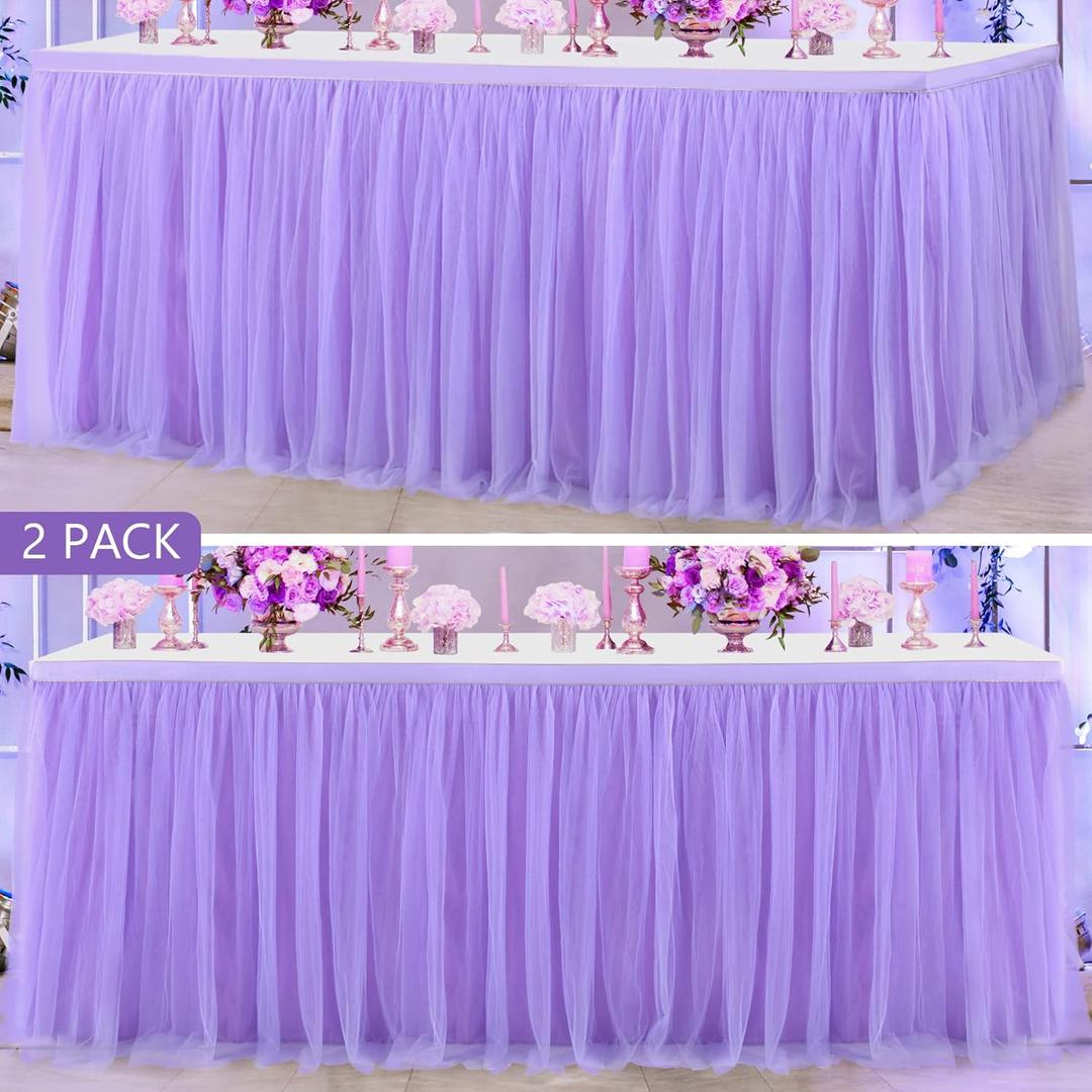 2 Pack 6ft Purple Table Skirt for Baby Shower Girl Lavender Tutu Table Skirts for Rectangle Tables or Round Tables Tulle Table Cloth for Parties Mermaid Butterfly Elephant Birthday Wedding Decorations