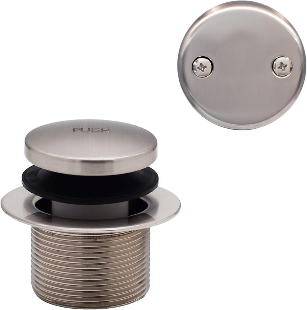 Westbrass D93-2-07 1-1/2" Tip-Toe Bathtub Drain Plug Trim Set with Two-Hole Overflow Faceplate, 1-Pack, Satin Nickel
