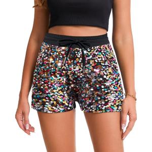 Womens Sequins Shorts A Line High Waist Elastic Sparkly Night-Out Shorts Clubwear Party Short (L)