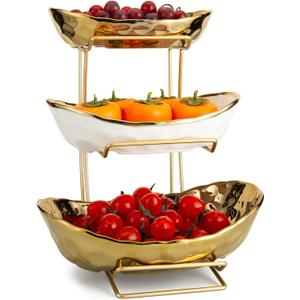 YYW 3 Tier Fruit Bowl for Kitchen Counter, White Gold Ceramic Fruit Stand for Countertop, Home Fruit Rack with Holder, Vegetable Bowl Snacks Nuts Bread Candy Storage (Gold)